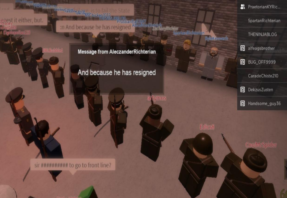 Korean Workers Party members lined up against the wall as Aleczaender explains the situation, guarded by the Red Army