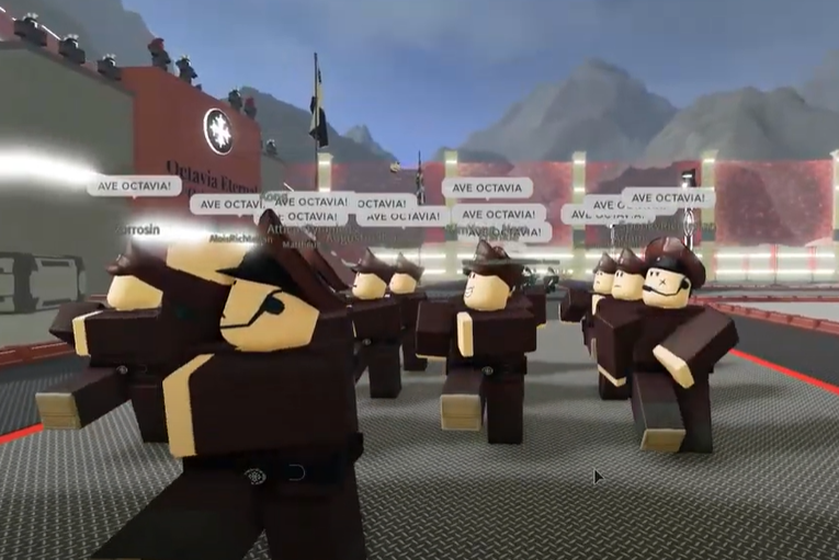 Soldiers of the Octavian Gendarmerie marching in-synced tight formation, as Aleczaender and his Sentinel Guard watch overhead from a tall platform