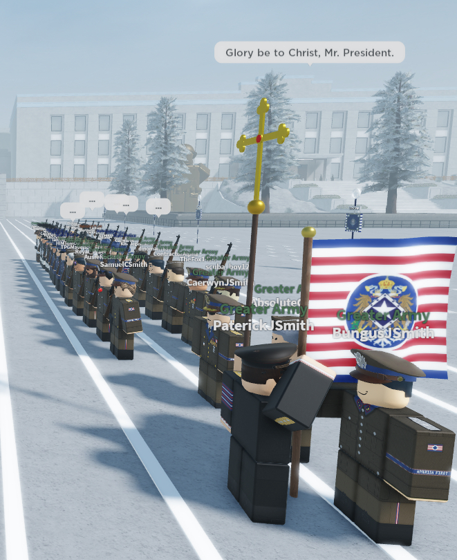 President For Life PaterickJSmith saluting the flag, as loyalist AbsoluteGloria states "Glory be to Christ, Mr. President."