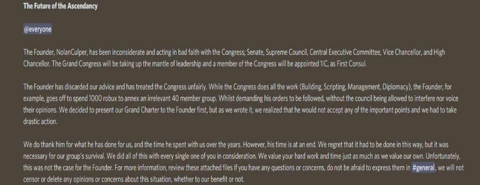 An announcement declared by Nerferdude's top staff, claiming to have removed him from power and replacing him on behalf of the people