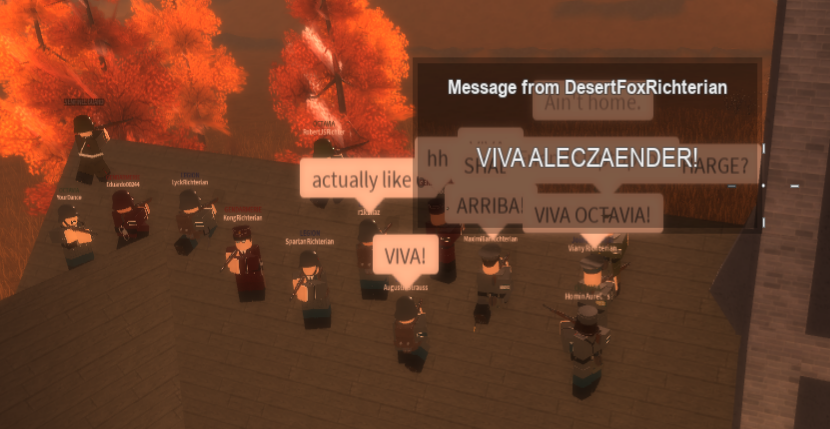 Octavian soldiers pouring bullets into Greater Norman troops as they shout "VIVA ALECZAENDER!"