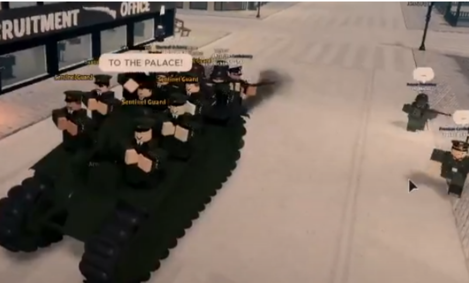 Aleczaender riding victoriously on a B1-BIS into London, he is surrounded by his Sentinel Guard, and flanked by enthusiastic members of the Octavian Legion who chase after him