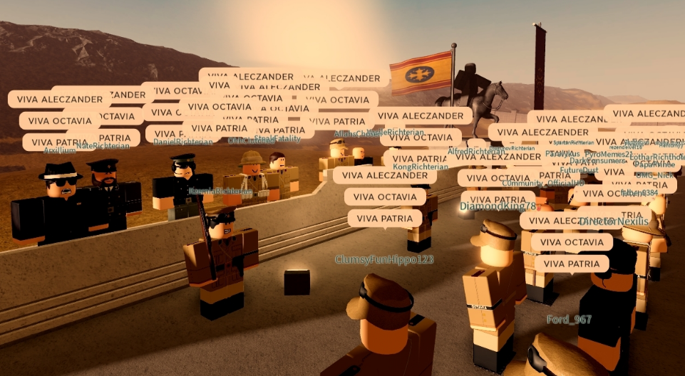 Octavian soldiers chanting following their first victory at El Alamein won against combined American, British, Rhinish, and Russian forces led by Grand Marshal Oswald and Supreme Marshal Aleczaender