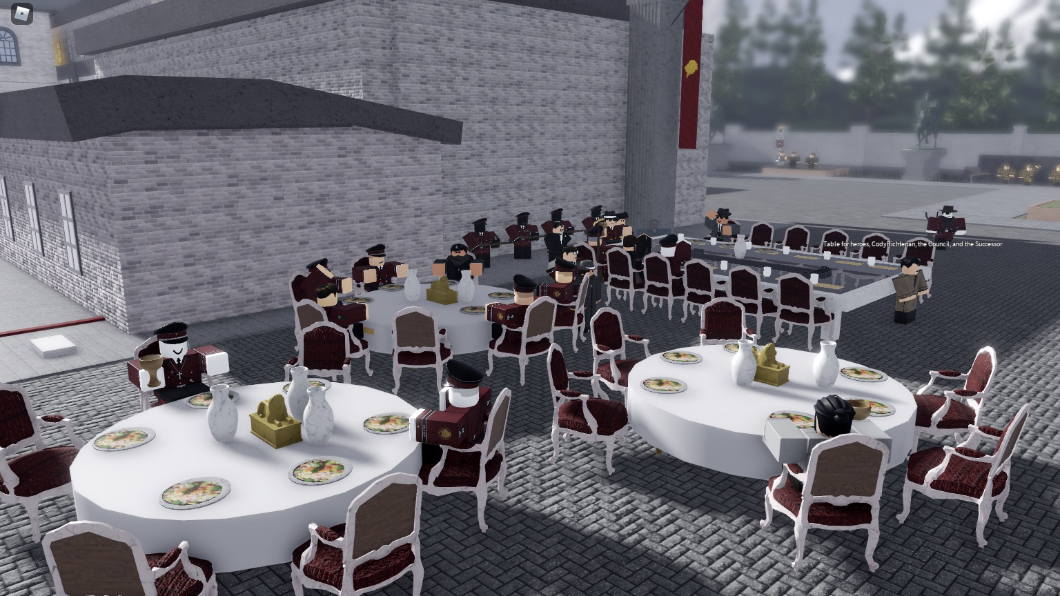 Richard holding a dinner with Richterists and Ted Crew, vanguarded by the Richterian Guard behind him