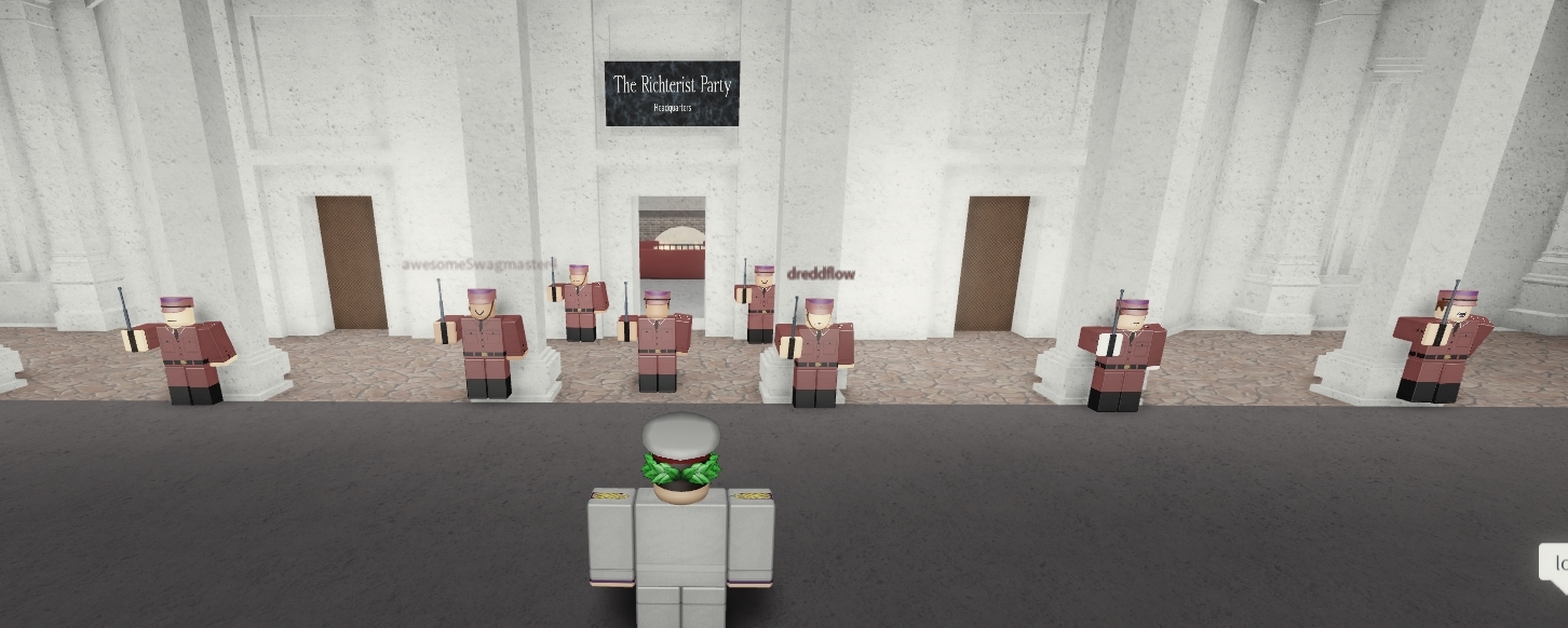 Richterists on guard-duty in-front of their Imperator Aleczaender at their embassy in Anglia